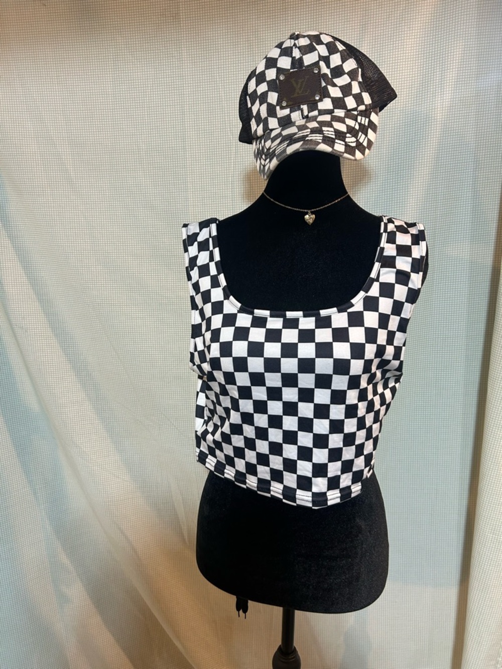 Upcycled LV C.C Black & White Checkerboard Hat & Crop Tank Top Bundle